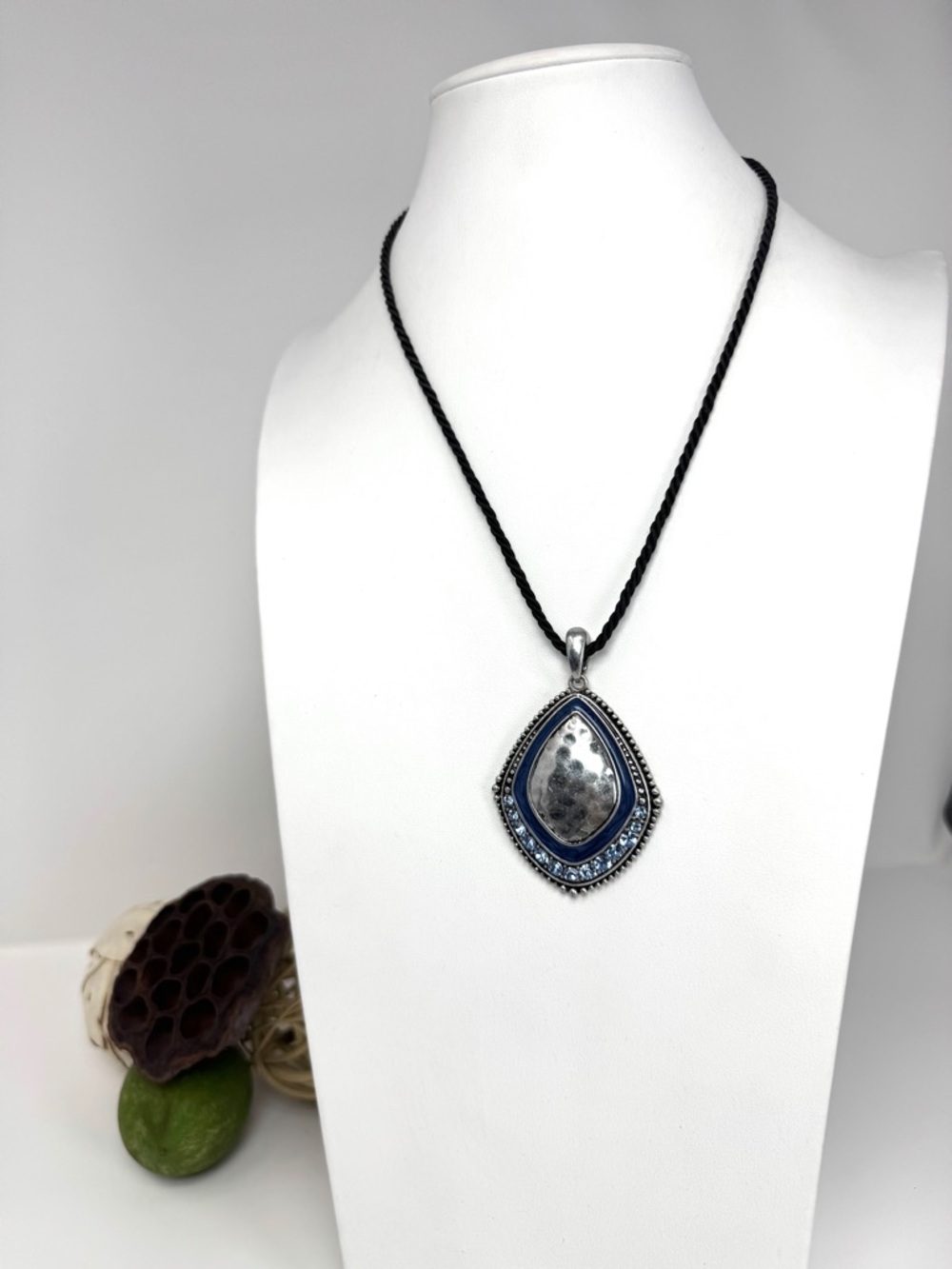 Lia Sophia Silver Tone Teardrop Pendant Necklace with Blue Rhinestone Accents